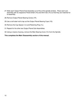 10 
 
 
27. Slide each Output Planet Sub-Assembly out of the of the spindle window.  Place each sub-
assembly with its resp