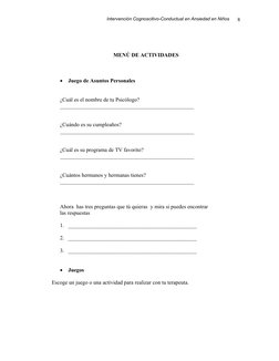 Intervención Cognoscitivo-Conductual en Ansiedad en Niños
MENÚ DE ACTIVIDADES

Juego de