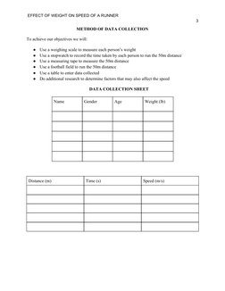 EFFECT OF WEIGHT ON SPEED OF A RUNNER 
3 
METHOD OF DATA COLLECTION 
To achieve our objectives we will: 
●
Use a weighing sc