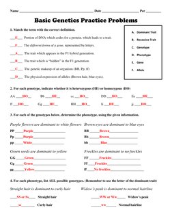Name ____________________________________________ Date ______________________ Per _________ 
Basic Genetics Practice Problems