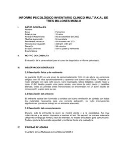 INFORME PSICOLÓGICO INVENTARIO CLINICO MULTIAXIAL DE
TRES MILLONES MCMI-II
I.
DATOS GENERALES    
Nombre
: 
Sexo
: Femenino
E