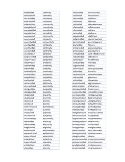 celebridad
 celebrity
 nervosidad
 nervousness
 centralidad
 centrality
 nocividad
 noxiousness
 circularidad
 circularity