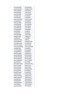 inmutabilidad
immutability
inoportunidad
inopportunity
insaciabilidad
insatiability
insensibilidad
insensitivity
insociabilid