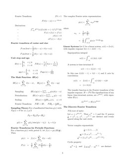 Fourier Transform:
Fδ = 1
F(δ(x −a)) = e−2πisa
Derivatives:
–
R ∞
−∞δ(n)(x)f(x)dx = (−1)nf(n)(0)
–
δ′(x) ∗f(x) = f′(x)
–
xδ(x