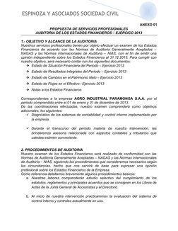 ESPINOZA Y ASOCIADOS SOCIEDAD CIVIL
ANEXO 01
PROPUESTA DE SERVICIOS PROFESIONALES
AUDITORIA DE LOS ESTADOS FINANCIEROS – EJE
