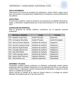 ESPINOZA Y ASOCIADOS SOCIEDAD CIVIL
VISITA INTERMEDIA
Observación de la toma de inventario de existencias y activos físicos,