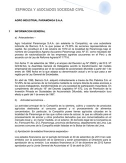 ESPINOZA Y ASOCIADOS SOCIEDAD CIVIL
AGRO INDUSTRIAL PARAMONGA S.A.A.
1
INFORMACION GENERAL
a) Antecedentes – 
Agro  Industri