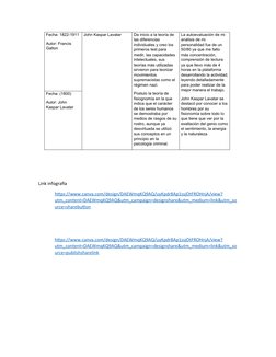 Fecha: 1822-1911
Autor: Francis 
Galton
John Kaspar Lavatar
Da inicio a la teoría de 
las diferencias 
individuales y creo lo