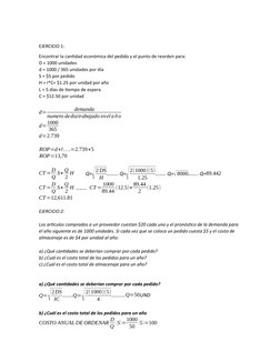 EJERCICIO 1:
Encontrar la cantidad económica del pedido y el punto de reorden para:
D = 1000 unidades
d = 1000 / 365 unidades