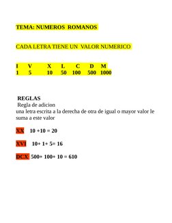 TEMA: NUMEROS  ROMANOS 
CADA LETRA TIENE UN  VALOR NUMERICO 
I       V           X       L        C       D     M 
1       5