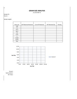 1
GRAIN SIZE ANALYSIS
IS 2720 PART IV
Sample ID :-
Source :-
Sample weight:-
Sieve size 
WT Matairial Retained
Cum WT Retaine