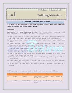 SSC JE: Paper – II (Conventional) 
Unit I  
 
 
                              Building Materials 
 
1. Brick