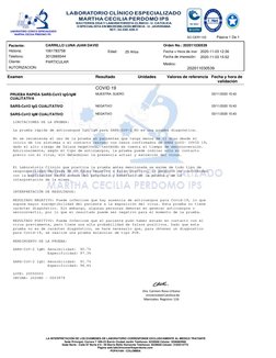 Examen
Resultado
Unidades
Valores de referencia
Fecha y hora de 
validación
COVID 19
PRUEBA RAPIDA SARS-CoV2 IgG/IgM 
CUALI