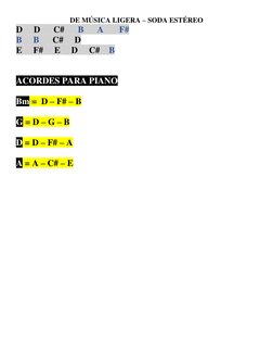 DE MÚSICA LIGERA – SODA ESTÉREO  
D     D      C#      B      A       F# 
B     B      C#     D 
E     F#     E     D     C#