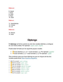 Hiato a-ú:
6. Ataúd
7. Baúl
8. Laúd
9. Raúl
10. Saúl
Hiato e-í:
11. Asambleísta
12. Creído
13. Leí
Hiato e-ú:
14. Reúne
15. S