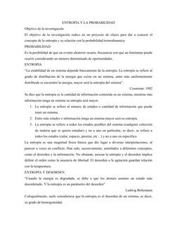 ENTROPÍA Y LA PROBABILIDAD
Objetivo de la investigación
El objetivo de la investigación radico en un proyecto de clases para