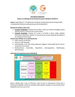 RESUMEN SEMINARIO 
Claves en el Manejo de las Heridas Durante la Pandemia COVID-19 
 
Autora: Isabel Aburto T.; President