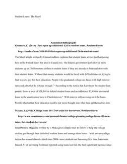 Student Loans: The Good
Annotated Bibliography
Godmere, E. (2010).  Feds open up additional $2B in student loans. Retrieved f