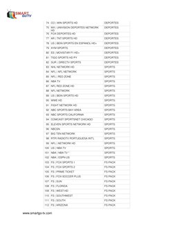 www.smartgo-tv.com 
74 CO | WIN SPORTS HD 
DEPORTES 
75 MX | UNIVISION DEPORTES NETWORK 
HD 
DEPORTES 
76 FOX DEPORTES