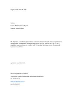Bogotá, 22 de enero de 2020
Señores:
Centro Metalmecánico (Bogotá)
Regional distrito capital 
Me dirijo muy cordialmente para