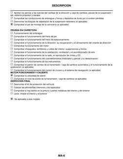 MA-6
DESCRIPCIÓN
 Apretar los pernos y las tuercas del varillaje de la dirección y caja de cambios, piezas de la suspensión /