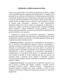 Clasificación y Análisis de puestos en Colasa
Colasa es una empresa líder en la industria de producción de belleza y emplea
a