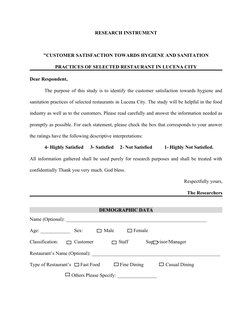 RESEARCH INSTRUMENT
"CUSTOMER SATISFACTION TOWARDS HYGIENE AND SANITATION
PRACTICES OF SELECTED RESTAURANT IN LUCENA CITY 
De