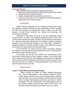 Learning Outcomes:
After completion of the module, the students will be able to:
1. Define environmental protection, global w