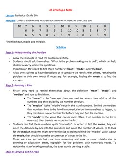 III. Creating a Table
Lesson: Statistics (Grade 10)
Problem: Given a table of the Mathematics mid-term marks of the class 10A