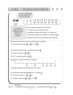 120
6
=
T 12-6
Responda observando la recta numérica de su cuaderno.
Piense el significado
de una fracción en
la recta numéri