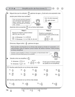 Simplificación de fracciones (1)
T 7-6
78
3
(
Aprenda cómo se escribe
en su forma más simple.
Buscar el máximo común divisor