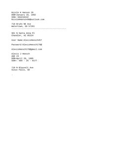 Nicole K Hanson 26
DOB=January 10, 1992
SSN= 504210242
NicoleKHanson98@outlook.com
710 Bruhn NE Ave
Watertown, SD 57201
-----