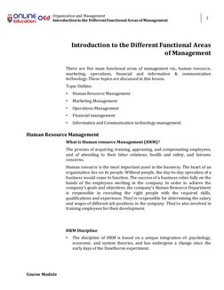 Organization and Management 
Introduction to the Different Functional Areas of Management 
1 
 
Course Module 
Introduction t