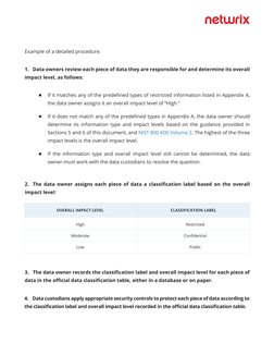 Example of a detailed procedure:
1. Data owners review each piece of data they are responsible for and determine its overall