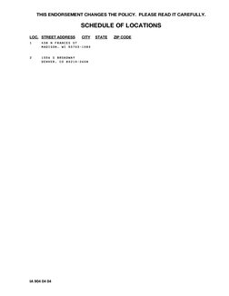 IA 904 04 04
THIS ENDORSEMENT CHANGES THE POLICY.  PLEASE READ IT CAREFULLY.
SCHEDULE OF LOCATIONS
LOC. STREET ADDRESS
CITY
S