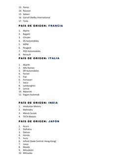 13. Panoz 
14. Rossion 
15. Saleen 
16. Carroll Shelby International 
17. Tesla 
PA ÍS D E OR IG EN:  F R A NC IA  
1. Alpine
