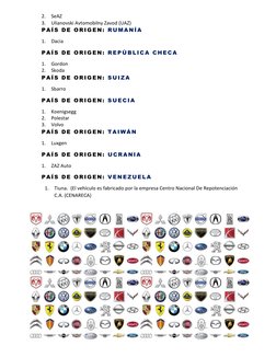 2. SeAZ 
3. Ulianovski Avtomobilny Zavod (UAZ) 
PA ÍS D E OR IG EN:  R U MA NÍA  
1. Dacia 
PA ÍS D E OR IG EN:  R EP ÚB L IC