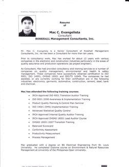q
ilC$*.l1{l..r- lulanaqemenl. Con-cuilent;', L.c
Resum6
of
Mac C. Evangelista
Consultant
ROSEHALL Management Consultants, In