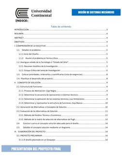 DISEÑO DE SISTEMAS MECÁNICOS
PRESENTACION DEL PROYECTO FINAL
INDICE:
Tabla de contenido
INTRODUCCION:........................