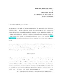 MONTES DE OCA ALCARAZ NICOLE
VS.
ALANIS TRISTE HECTOR 
CONTROVERSIA DEL ORDEN FAMILIAR
PENSIÓN ALIMENTICIA
C. JUEZ DE LO FAMI