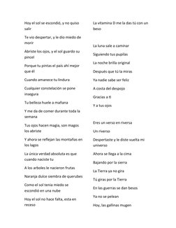 Hoy el sol se escondió, y no quiso 
salir
Te vio despertar, y le dio miedo de 
morir
Abriste los ojos, y el sol guardo su 
pi