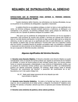 RESUMEN DE INTRODUCCIÓN AL DERECHO
DIFICULTADES  QUE  SE  PRESENTAN  PARA  DEFINIR  EL  TÉRMINO  DERECHO.
DIVERSOS SIGNIFICAD