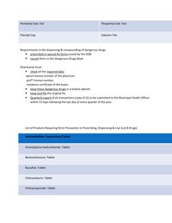 Pentothal Sod. Vial 
Thiopental Sod. Vial 
Placidyl Cap. 
Valamin Tab. 
 
Requirements in the dispensing & compounding of dan