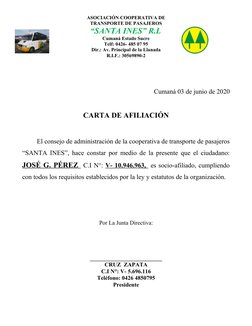 ASOCIACIÓN COOPERATIVA DE 
TRANSPORTE DE PASAJEROS 
“SANTA INES” R.L
Cumaná Estado Sucre
Telf: 0426- 485 07 95
Dir.: Av. Prin