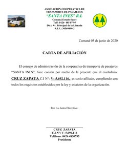 ASOCIACIÓN COOPERATIVA DE 
TRANSPORTE DE PASAJEROS 
“SANTA INES” R.L
Cumaná Estado Sucre
Telf: 0426- 485 07 95
Dir.: Av. Prin