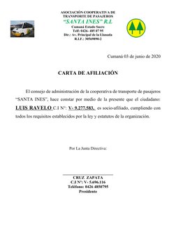 ASOCIACIÓN COOPERATIVA DE 
TRANSPORTE DE PASAJEROS 
“SANTA INES” R.L
Cumaná Estado Sucre
Telf: 0426- 485 07 95
Dir.: Av. Prin