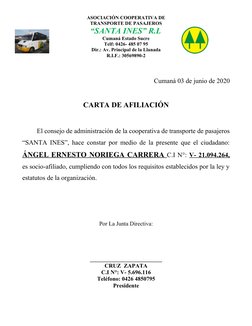 ASOCIACIÓN COOPERATIVA DE 
TRANSPORTE DE PASAJEROS 
“SANTA INES” R.L
Cumaná Estado Sucre
Telf: 0426- 485 07 95
Dir.: Av. Prin