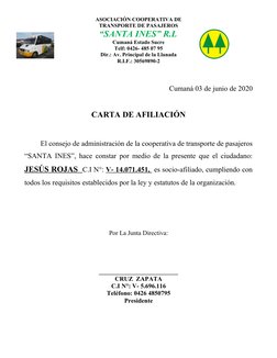 ASOCIACIÓN COOPERATIVA DE 
TRANSPORTE DE PASAJEROS 
“SANTA INES” R.L
Cumaná Estado Sucre
Telf: 0426- 485 07 95
Dir.: Av. Prin