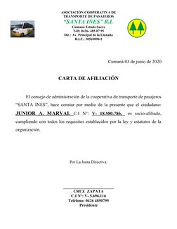 ASOCIACIÓN COOPERATIVA DE 
TRANSPORTE DE PASAJEROS 
“SANTA INES” R.L
Cumaná Estado Sucre
Telf: 0426- 485 07 95
Dir.: Av. Prin