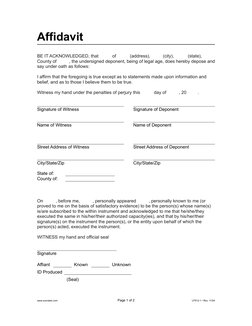 Affidavit
BE IT ACKNOWLEDGED, that       of       (address),      (city),       (state), 
County of      , the undersigned de